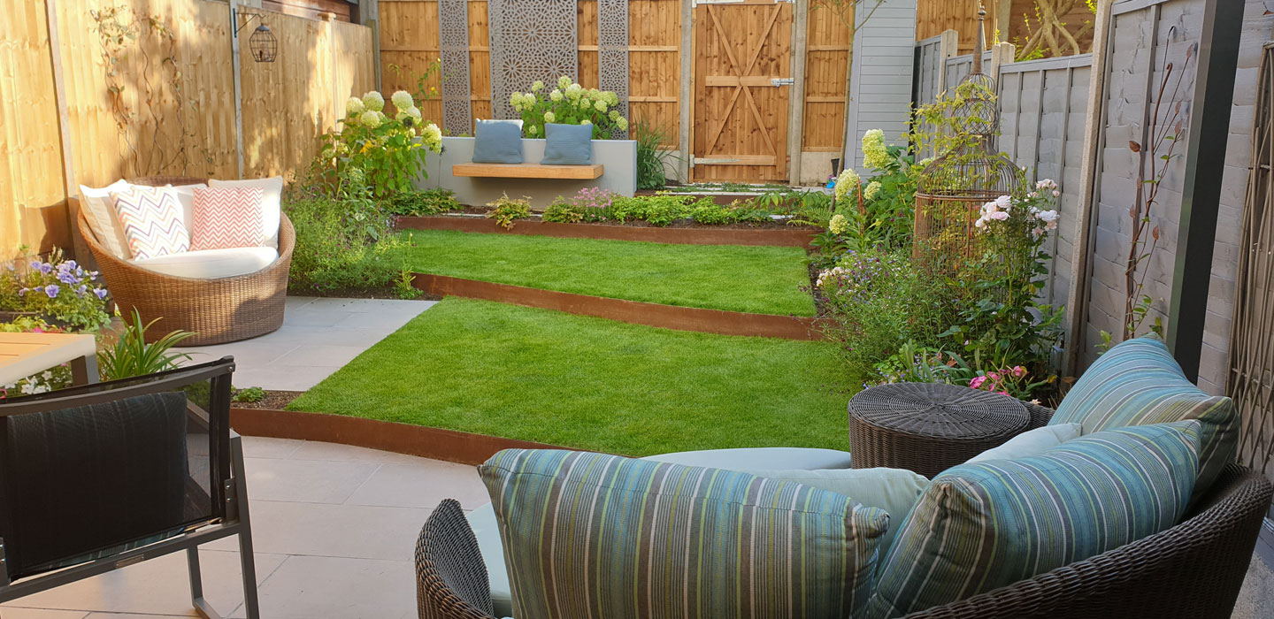 View from main patio showing corten edged terraces